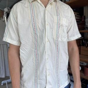 American Eagle Mens Small Cream Striped Short Sleeve Button Down Shirt Geometric